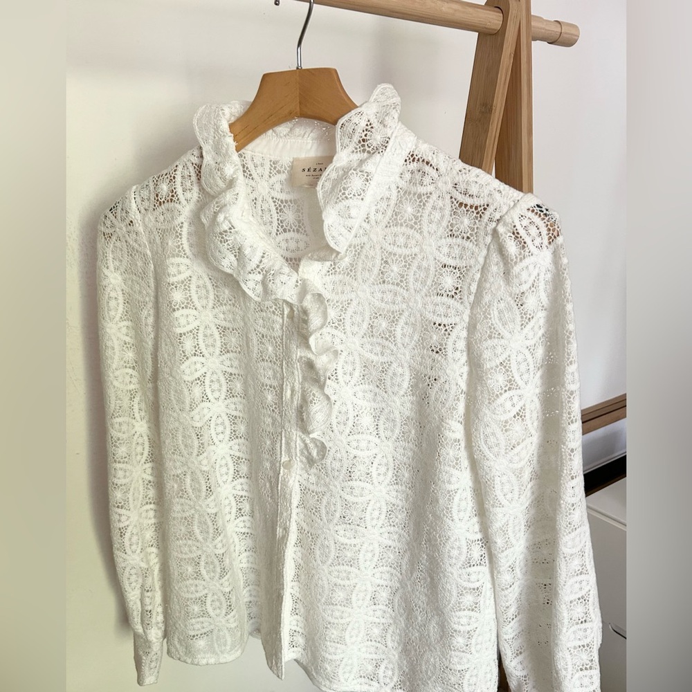 Sezane White Lace Ruffle Collar Blouse